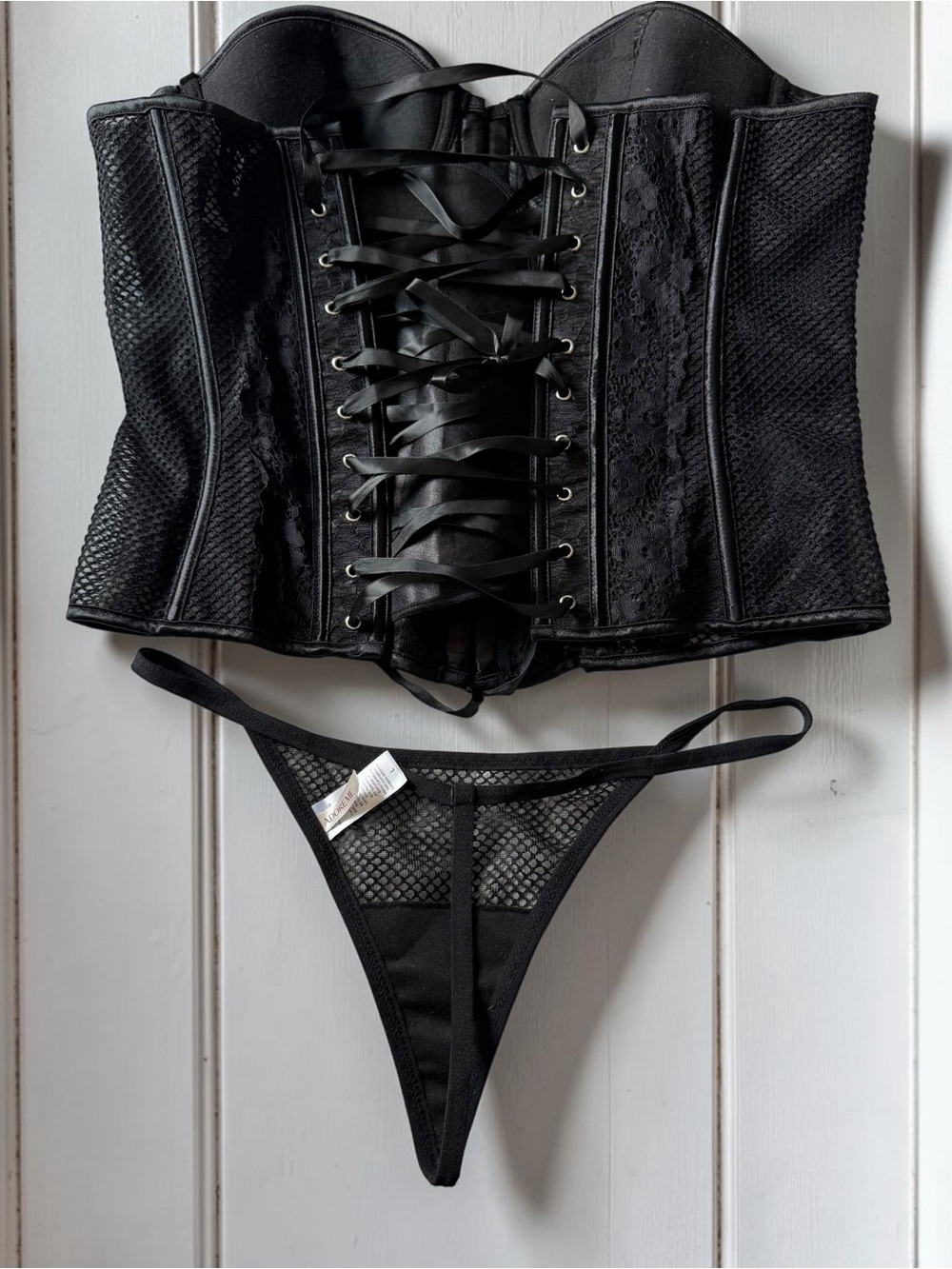 Adore Me Black Lace Fishnet Corset Bustier & Thong Set Lace Up Back Sz L NWOT